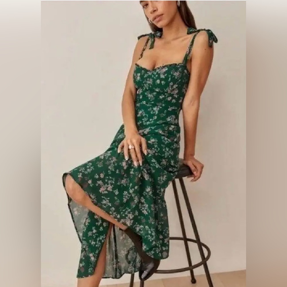 Women's Reformation Nikita Dress Emilia Green Floral Midi Ruffle Tie Size 12